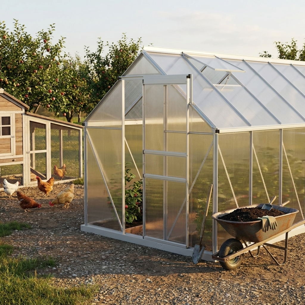 Steadrow Walk-In Greenhouse near a chicken coop and orchard at golden hour