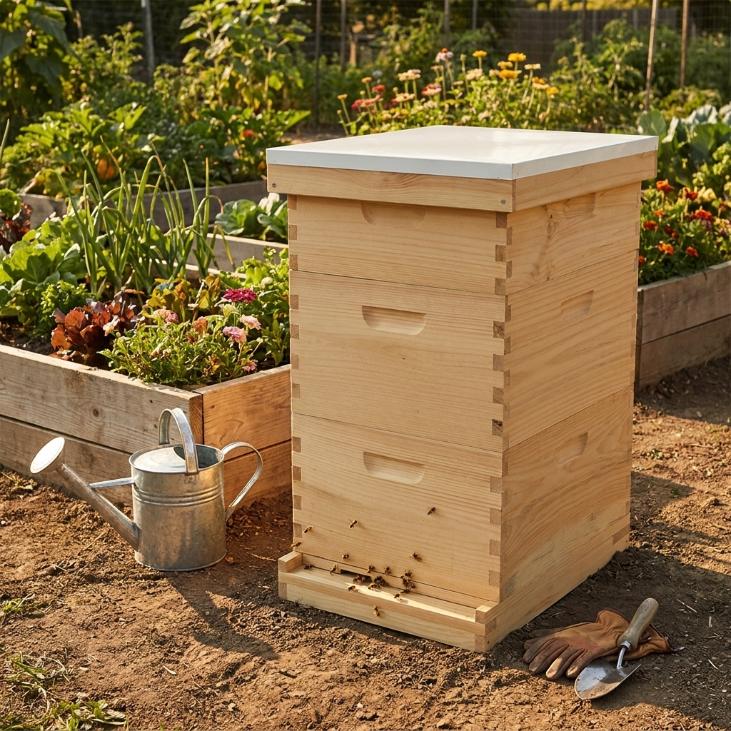 Steadrow bee hive kit beside raised garden beds at golden hour