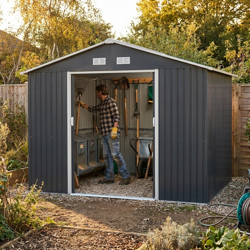 Steadrow metal shed with doors open showing stored tools and feed bins