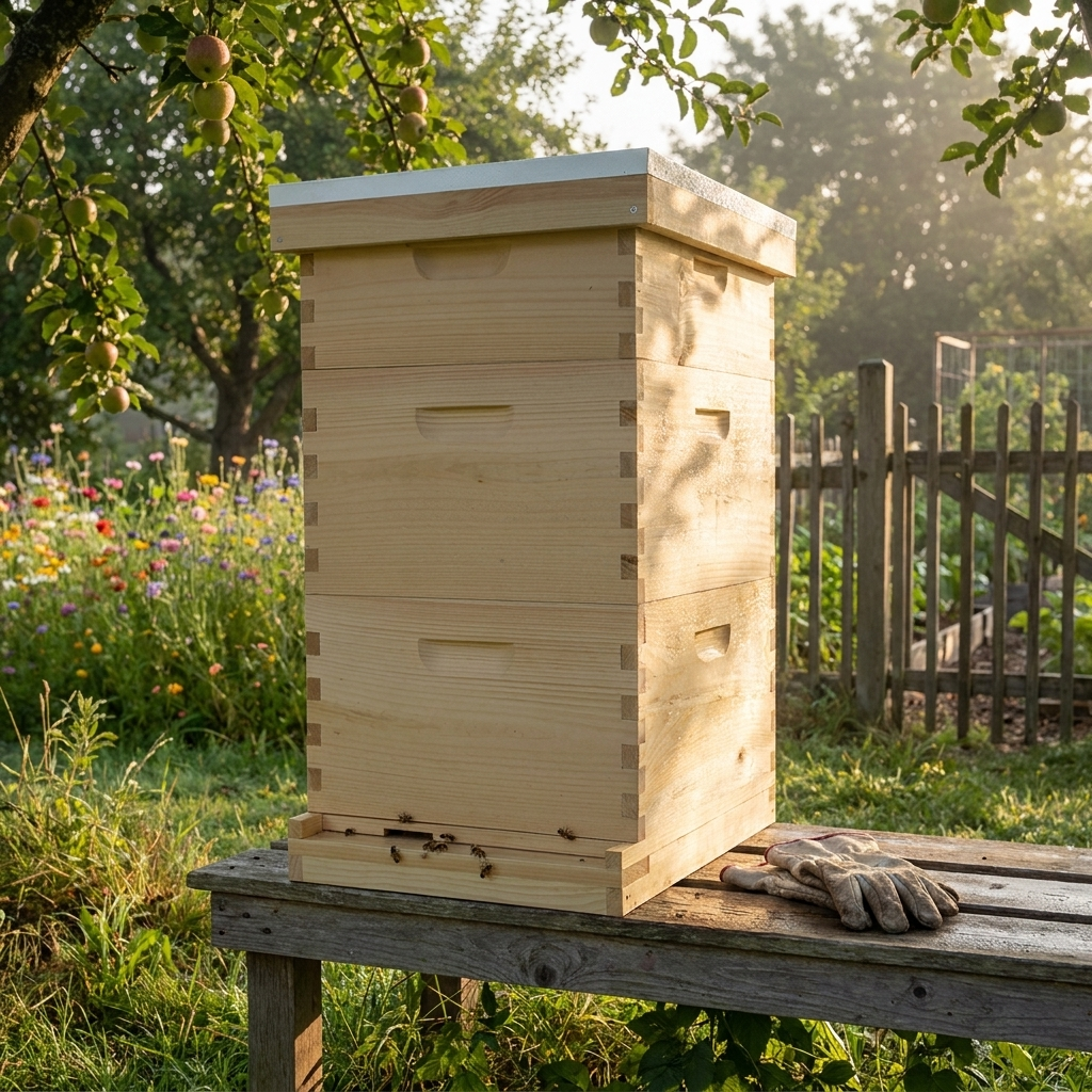 Steadrow bee hive kit on a hive stand at the edge of a backyard orchard