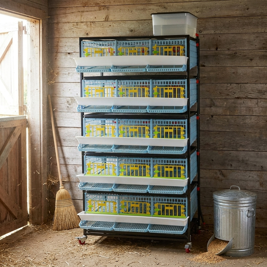 Steadrow quail cage stack inside a small barn
