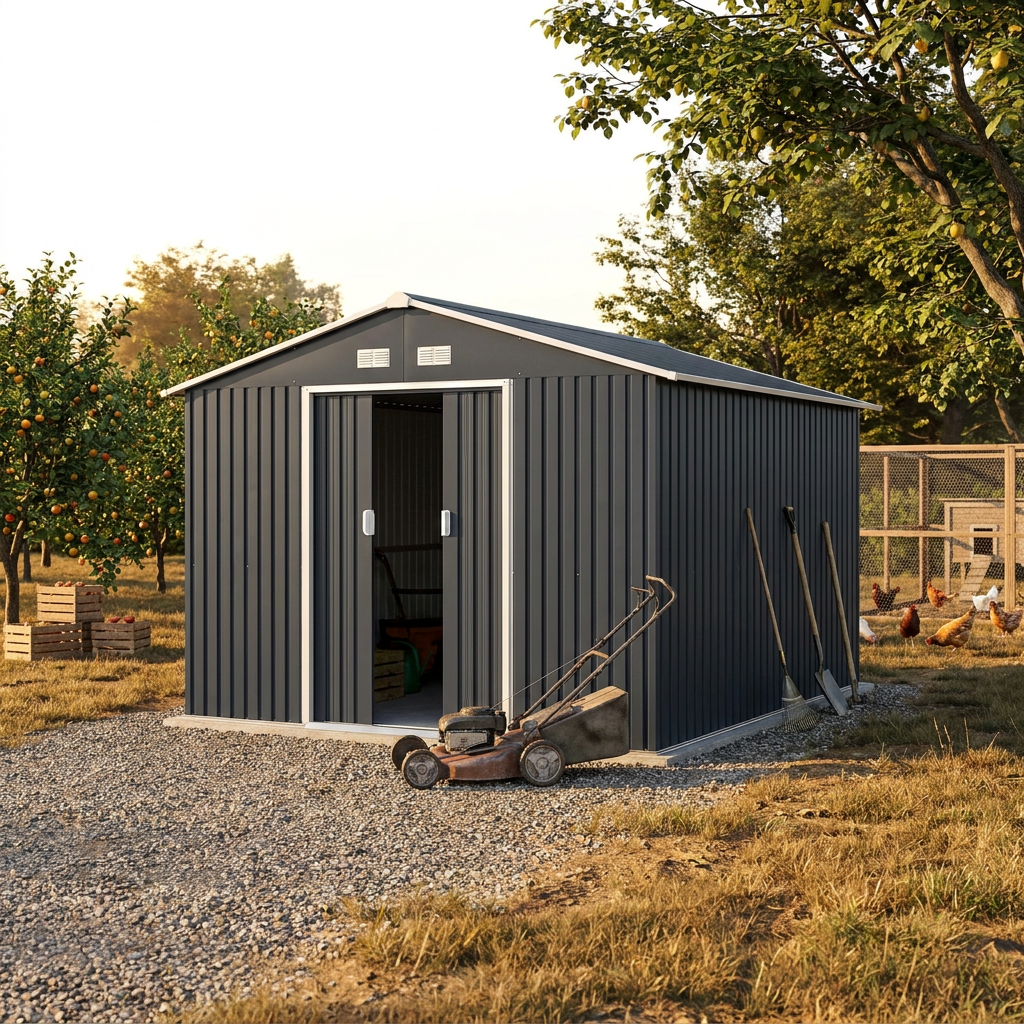 Steadrow metal shed beside an orchard at golden hour