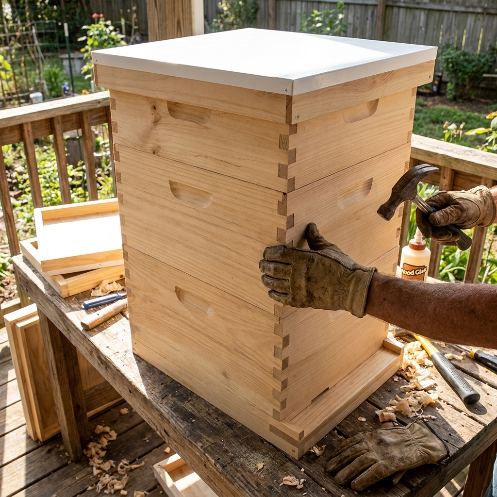 Assembling the Steadrow bee hive kit boxes on a porch workbench
