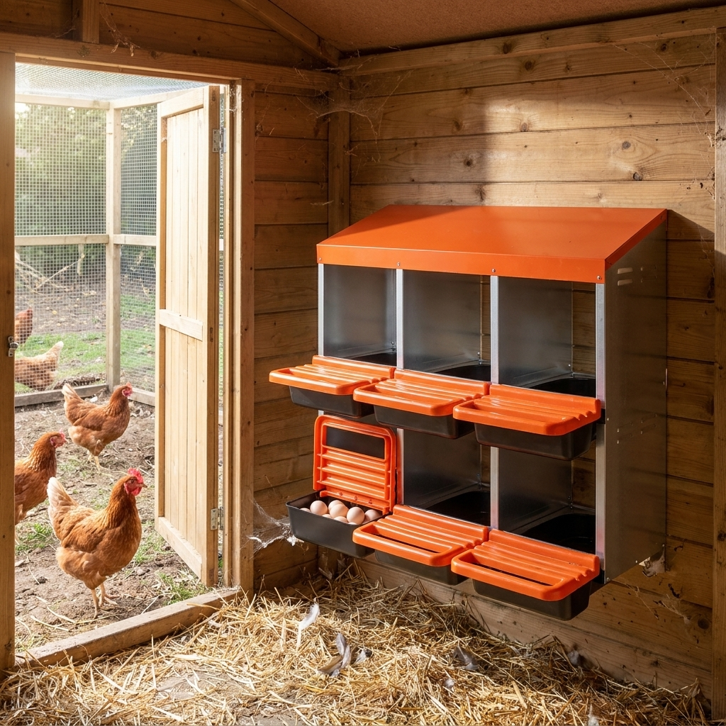 Steadrow roll-away nesting box mounted on a coop wall