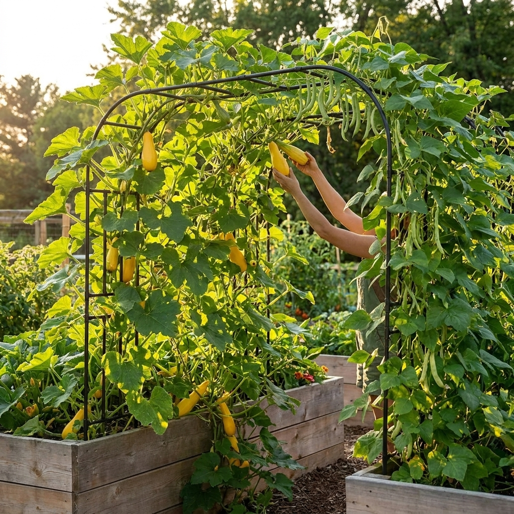 Steadrow garden arch trellis covered in climbing squash and beans in midsummer