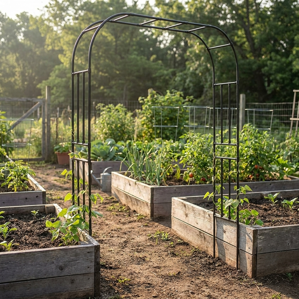 Steadrow garden arch trellis spanning two raised beds with young bean vines