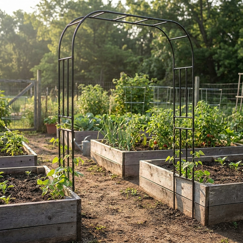 Steadrow garden arch trellis spanning two raised beds with young bean vines