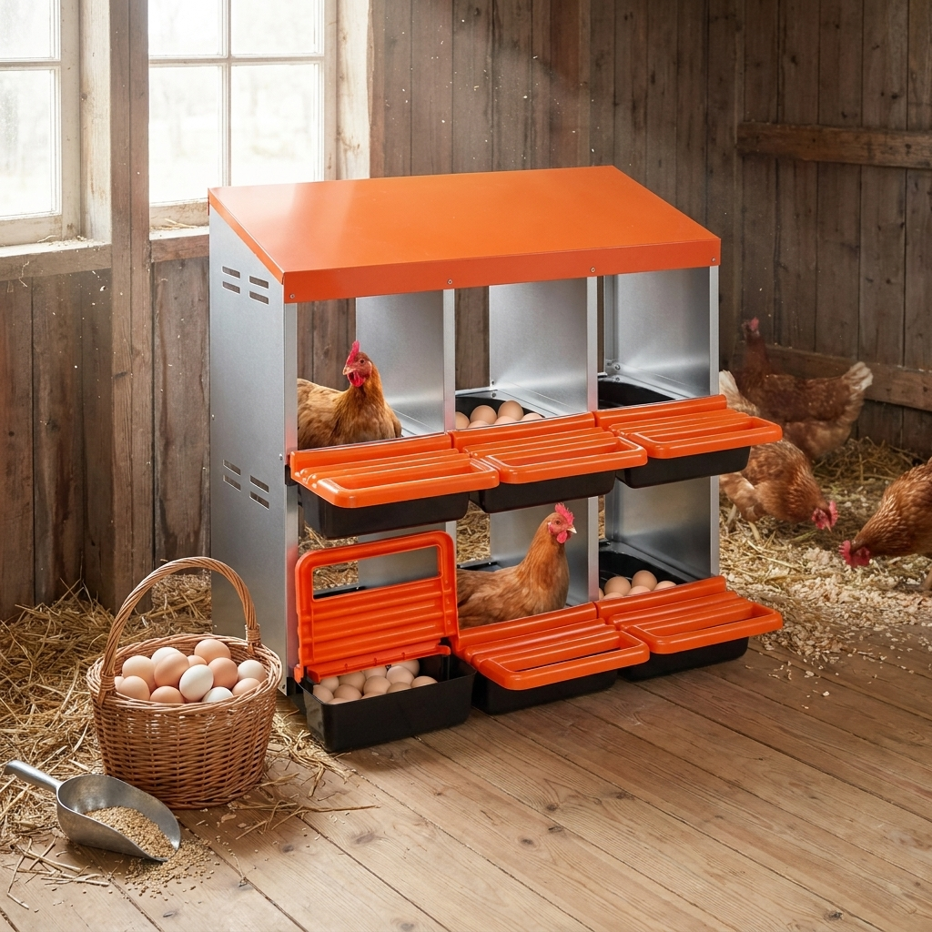 Steadrow roll-away nesting box on its stand in a coop shed