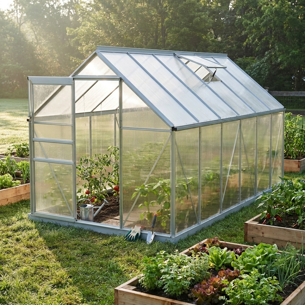 Steadrow Walk-In Greenhouse beside raised garden beds in morning light
