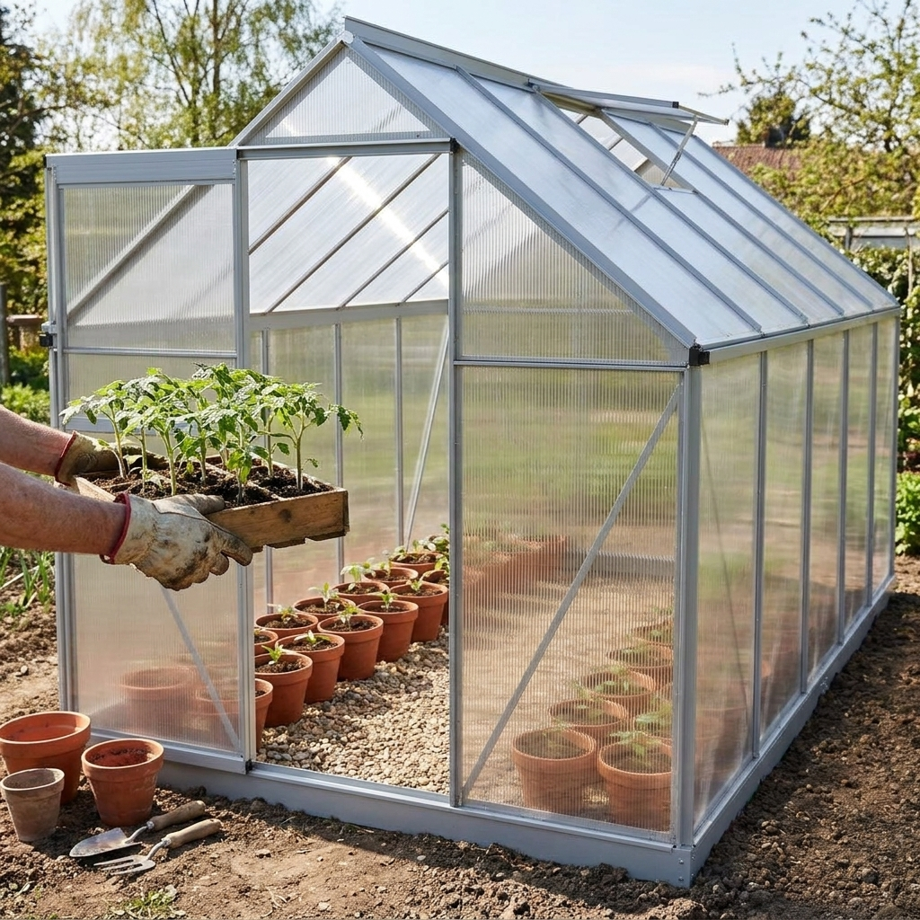Carrying seedlings into the Steadrow Walk-In Greenhouse in spring