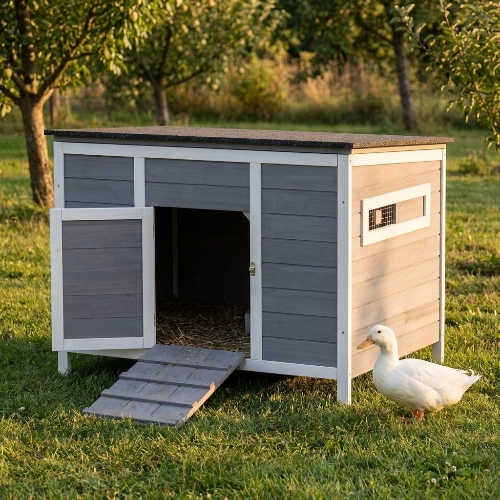 Duck beside the Steadrow wooden duck house at golden hour