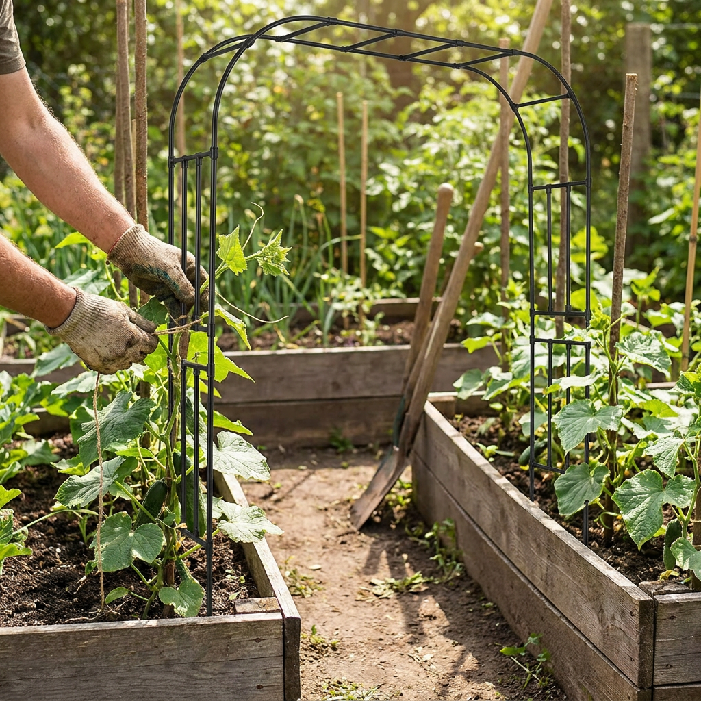 Tying cucumber vines to the Steadrow garden arch trellis