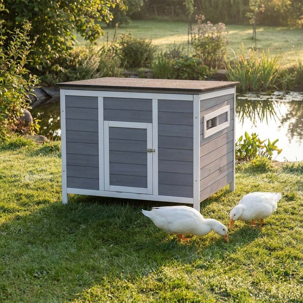 Steadrow wooden duck house on the lawn near a backyard pond