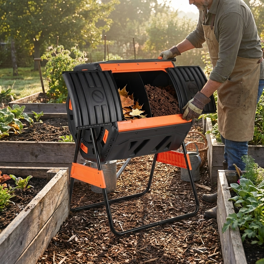 Turning the Steadrow compost tumbler beside raised garden beds