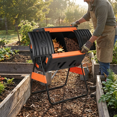 Turning the Steadrow compost tumbler beside raised garden beds