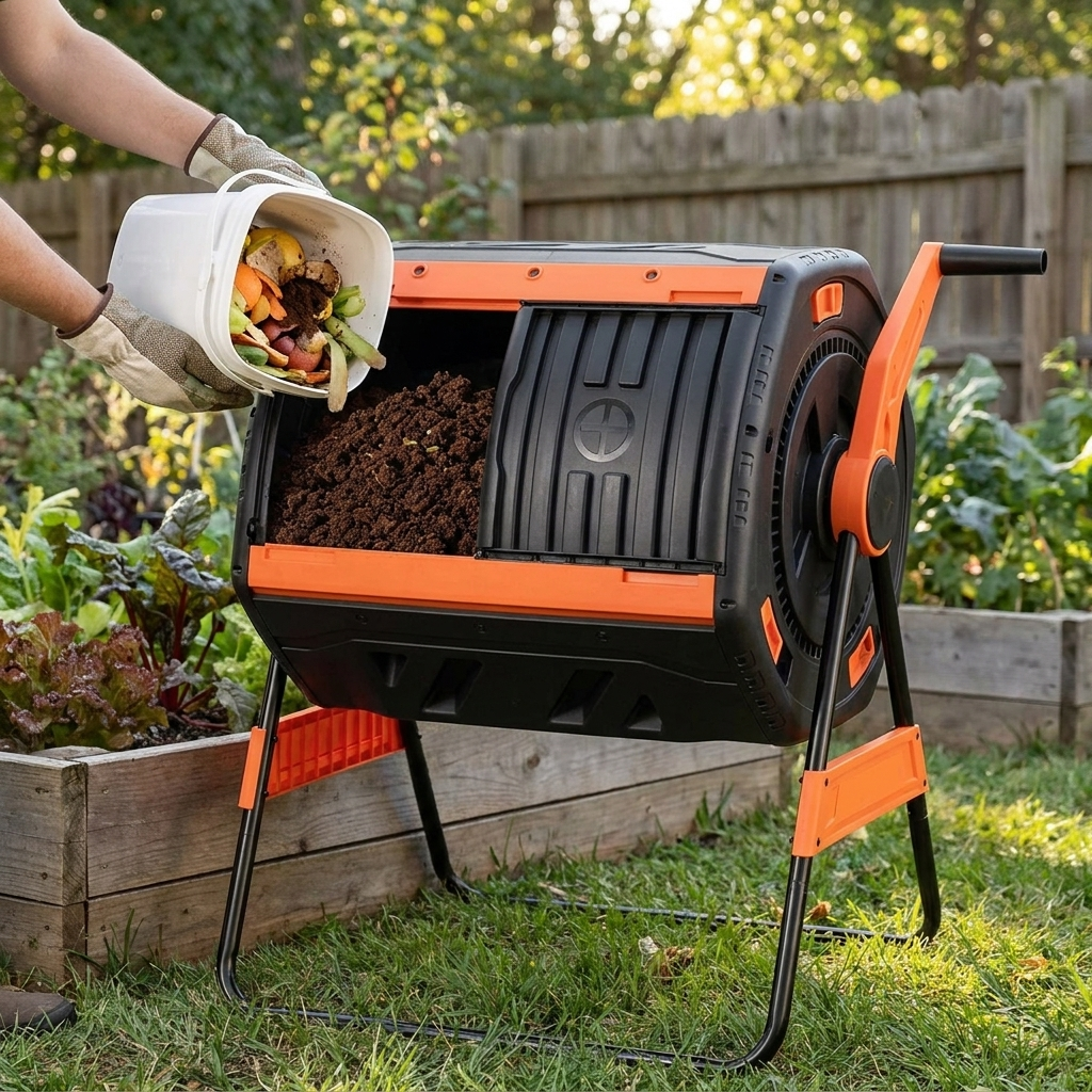 Emptying kitchen scraps into the Steadrow dual-chamber compost tumbler