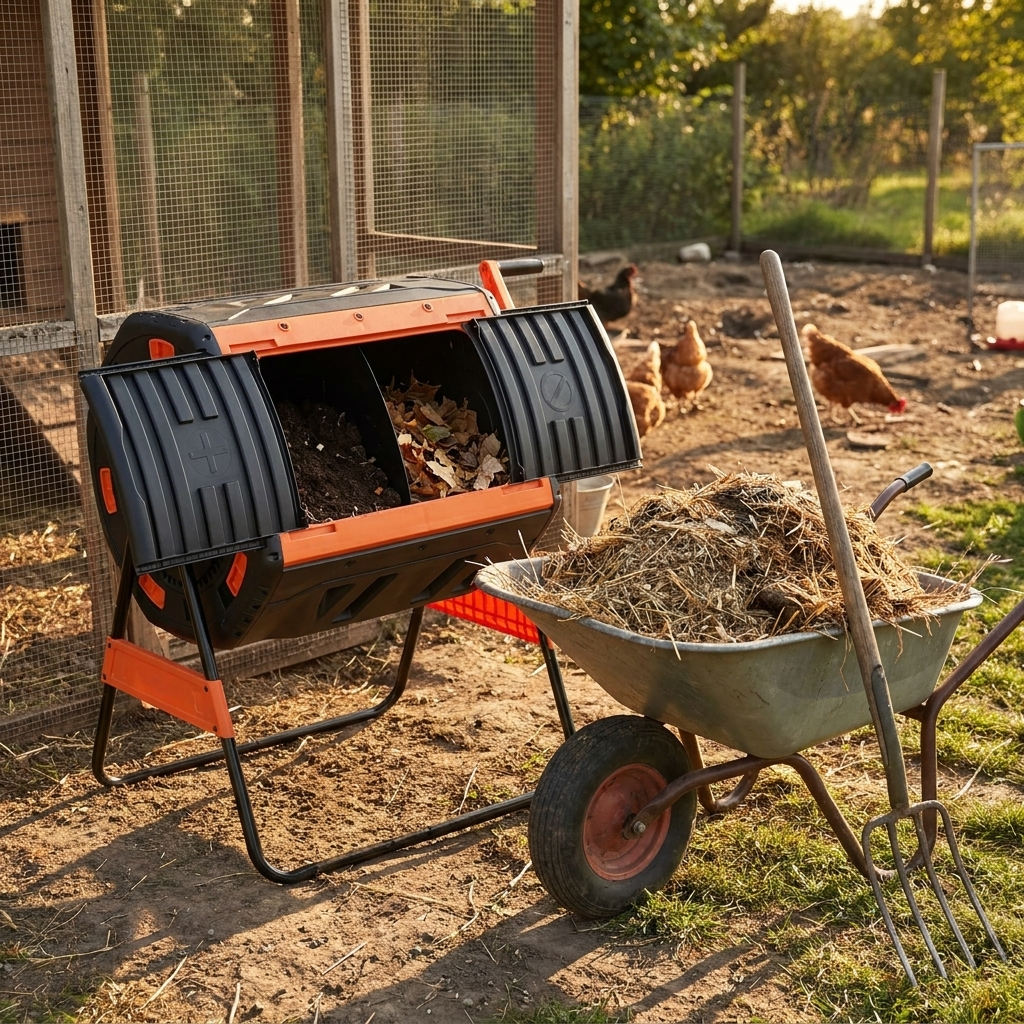 Steadrow compost tumbler beside a chicken coop run with a wheelbarrow of bedding